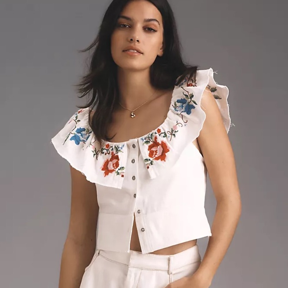 Embroidered White Ruffle-Sleeve Button Front Top - Picture 7 of 12
